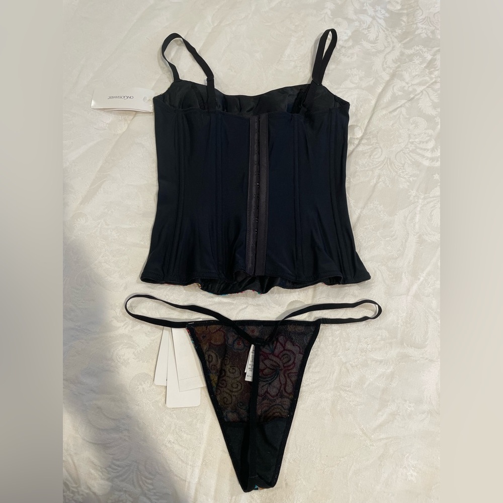 Black Multicolor Jeweled & Embroidered Bustier w matching Bottom by On Gossamer - Picture 2 of 7